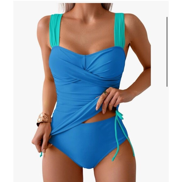 Tankini Swimsuit for Women Tummy Control Two Piece High Waist size 2XL turquoise - Picture 1 of 14